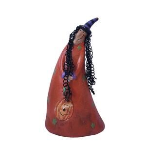 Clay Pottery Halloween Witch Figure Orange Painted Curved 7.5" Decor